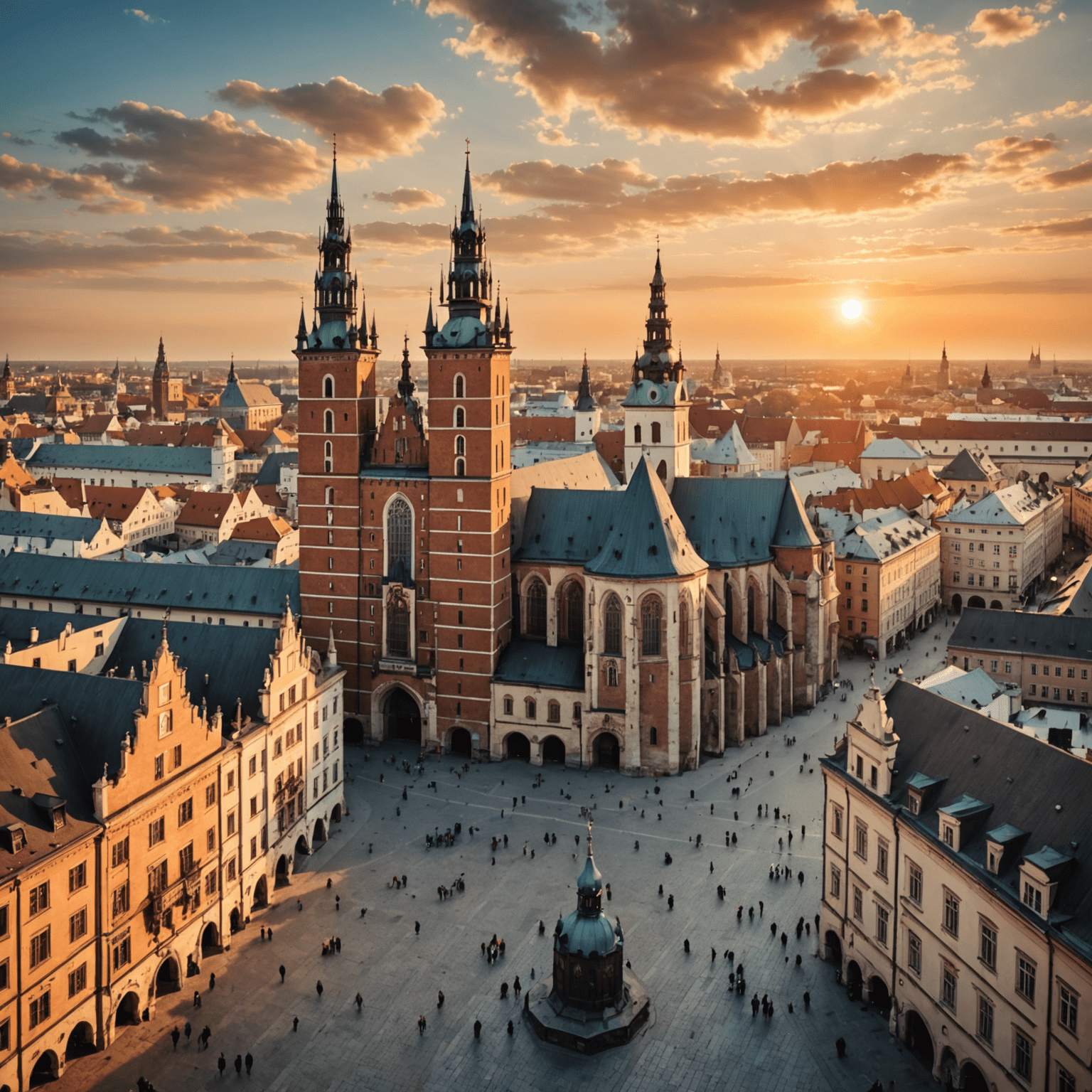 Panorama Starego Miasta w Krakowie z widokiem na Rynek Główny, Sukiennice i Kościół Mariacki o zachodzie słońca