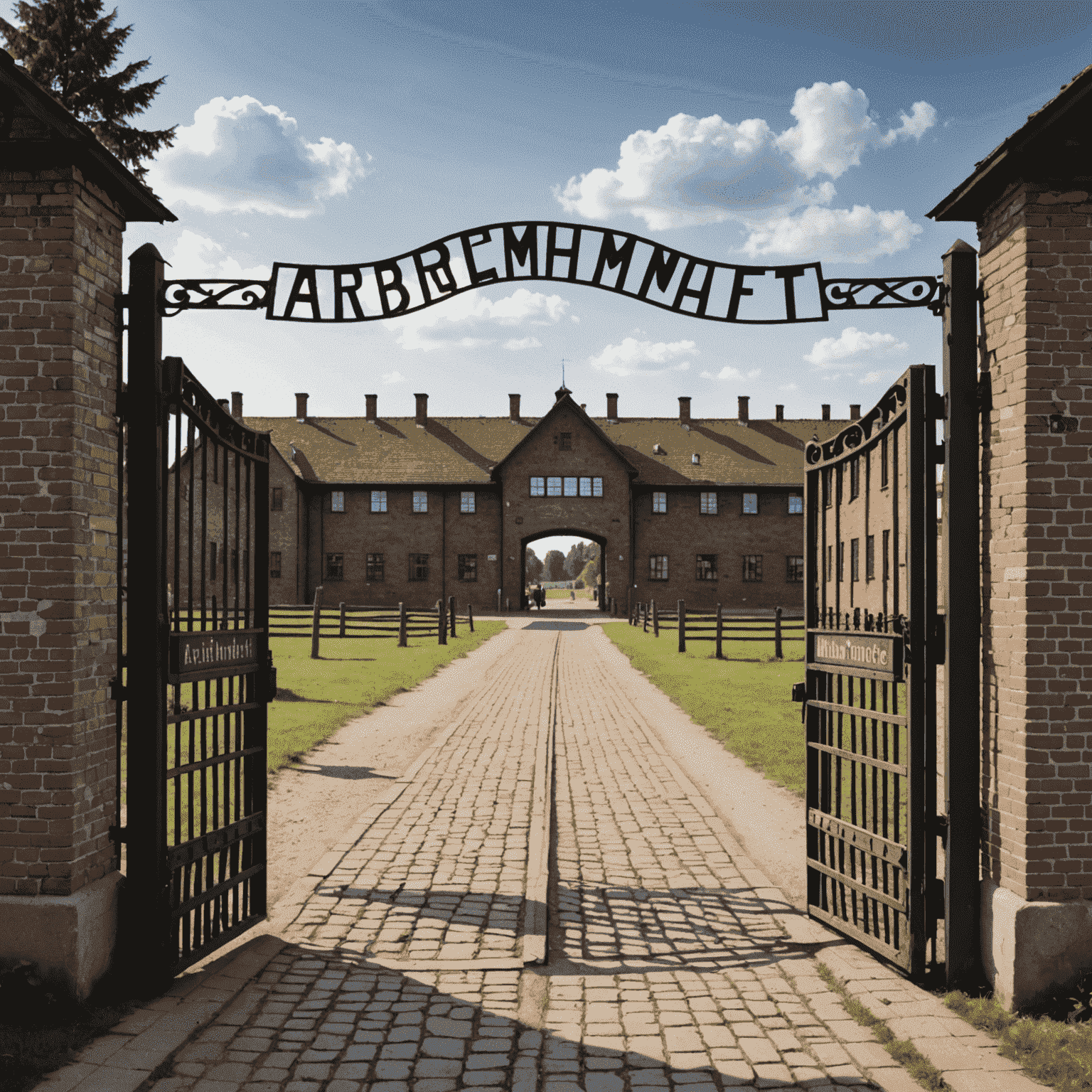 Brama wejściowa do obozu Auschwitz-Birkenau z napisem 'Arbeit macht frei'