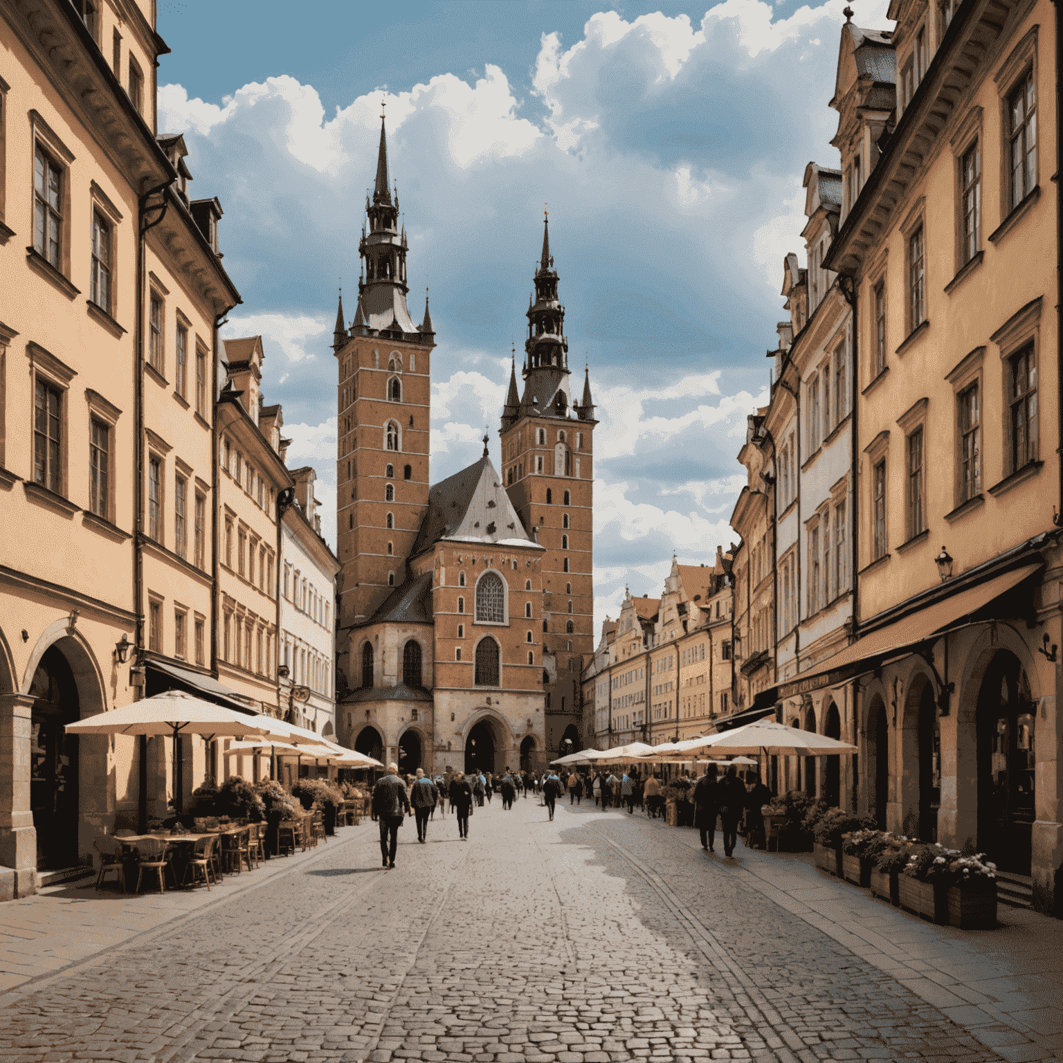 Panorama Starego Miasta w Krakowie z widokiem na Rynek Główny, Sukiennice i Kościół Mariacki. Kolorowe kamienice i brukowane uliczki tworzą malowniczy obraz.