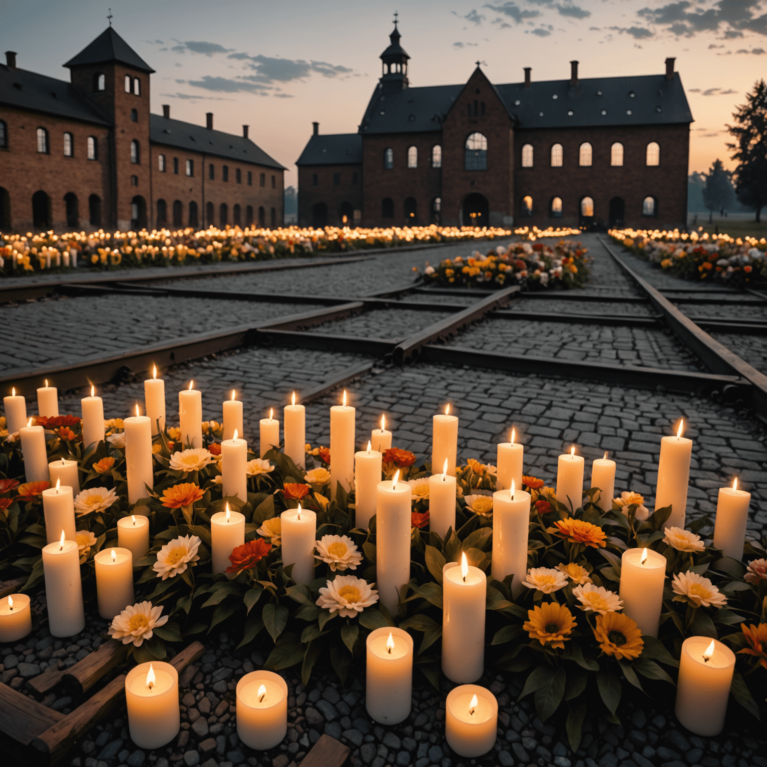 Pomnik ofiar w Birkenau, otoczony zniczami i kwiatami