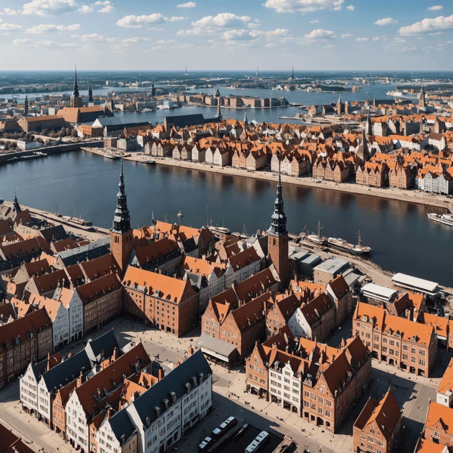 Panoramiczny widok na Gdańsk z tarasu widokowego ECS, ukazujący historyczne stocznie i nowoczesne miasto